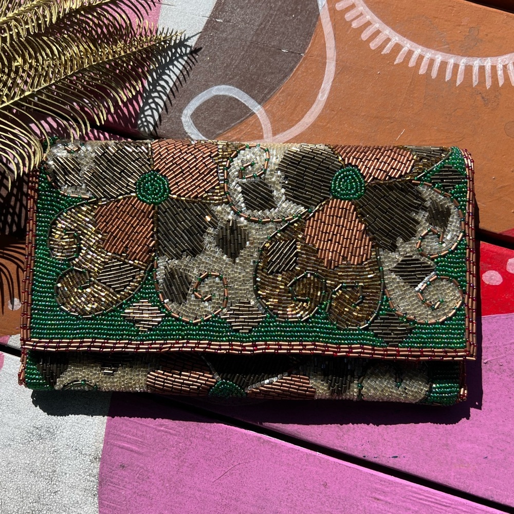 Anthropologie Moss Beaded Floral Envelope Clutch | NWT | Gold Green Bronze